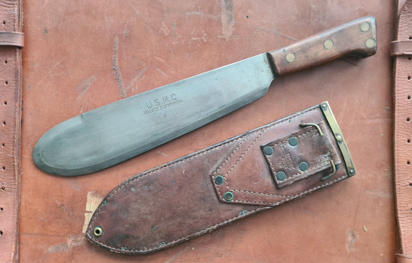 U.S. WWII USMC Village Blacksmith Machete / Bolo Knife  BOYT 45 Scabbard Leather