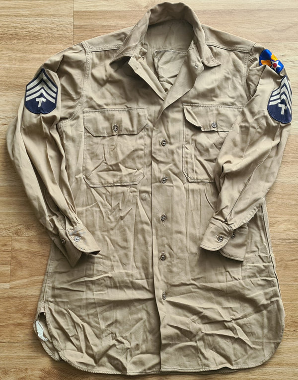 U.S. WWII Enlisted Man shirt khaki with Sgt Rank patches & AirForce unit patche ...Size 14x32.