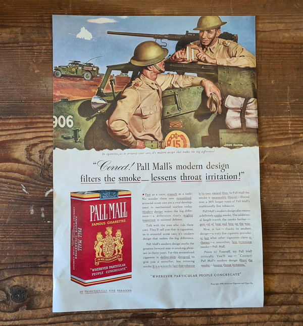 U.S. WWII original Promotion Page in absolutely top condition , Pall Mall Cigarettes Dated 1941