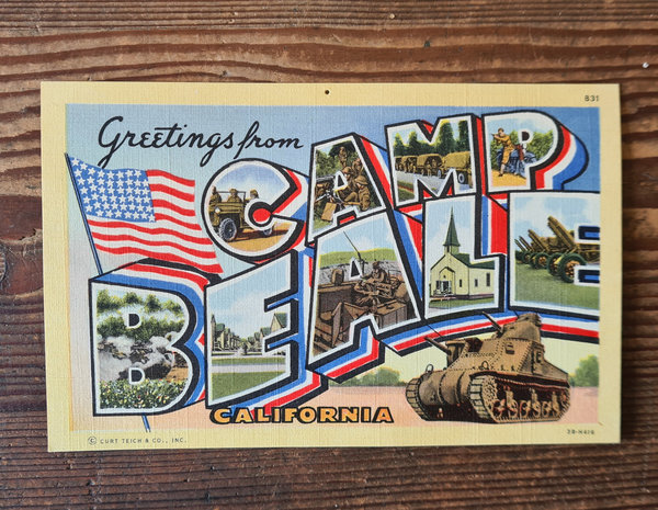 U.S. WWII original Postcard from " Greetings from Camp Beale " in mint condition. Thats NO reprint !